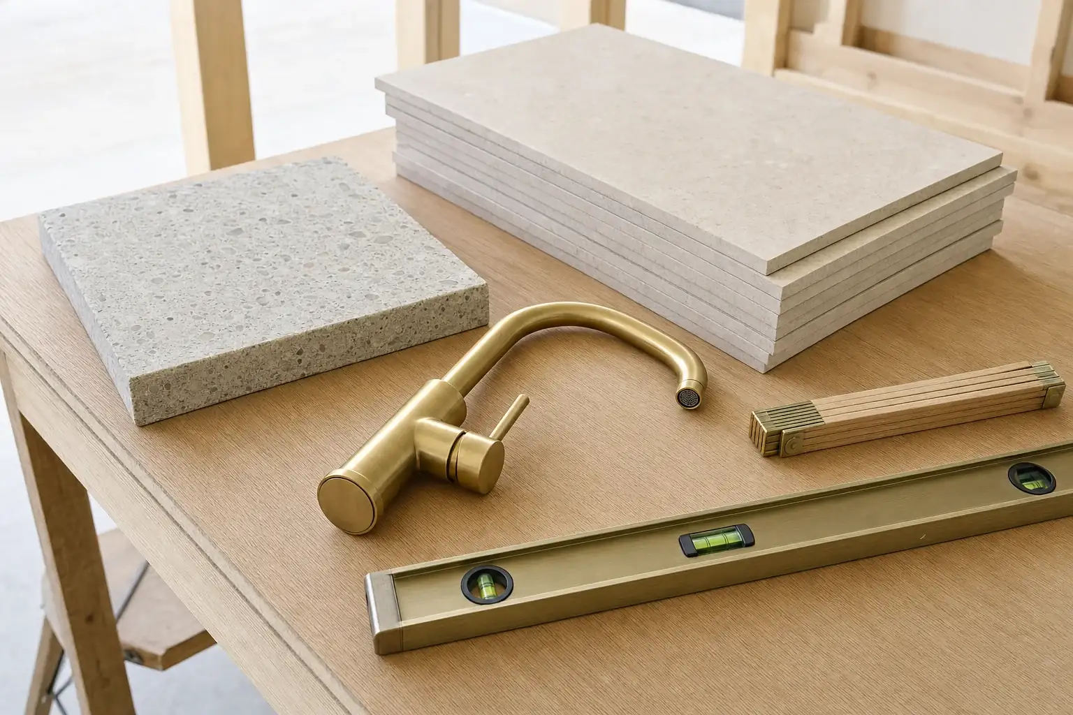 A stone benchtop offcut, large format limestone tiles, brass tapware and a tape measure laid out on a pale oak bench