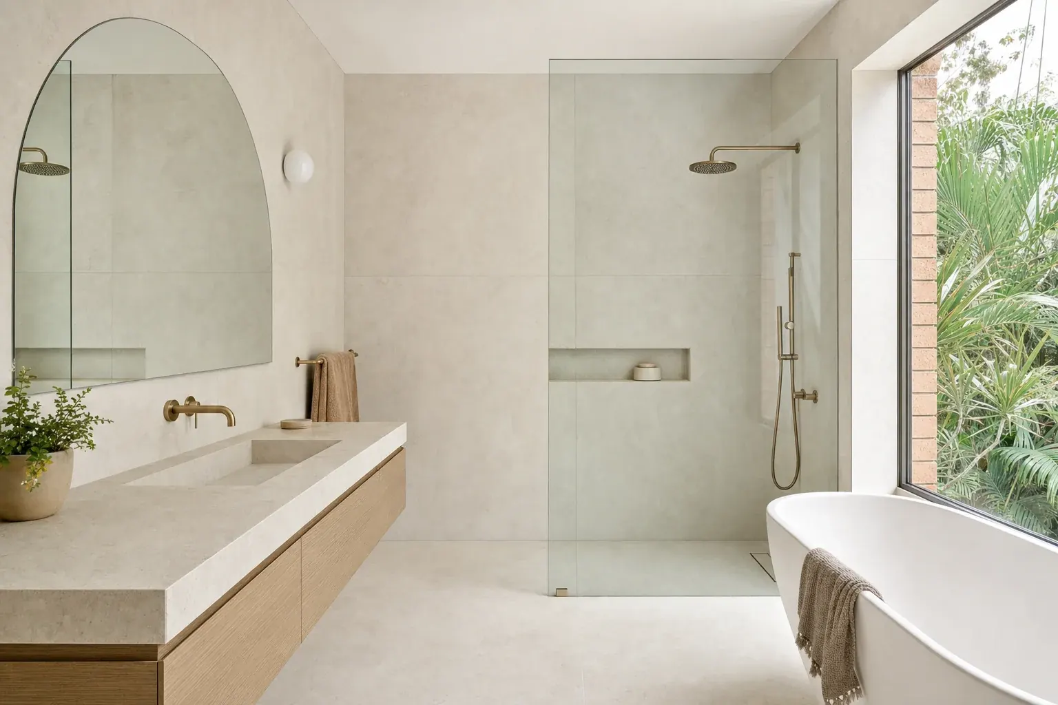 A renovated bathroom in an older brick home with large format limestone tiling, a pale oak vanity and a frameless glass shower screen