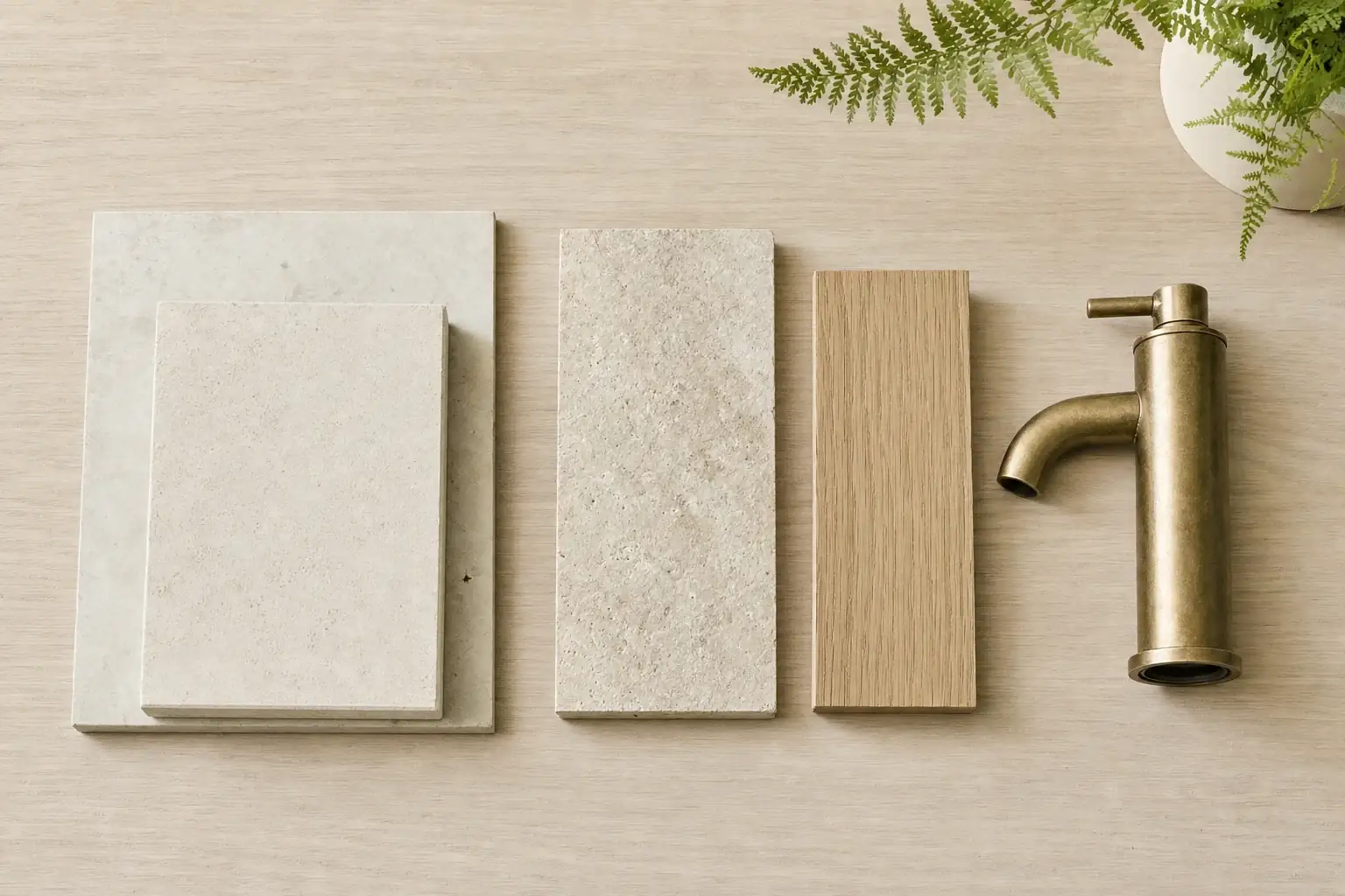 Limestone tile samples, a stone benchtop offcut, an oak veneer sample and aged brass tapware laid out on a table