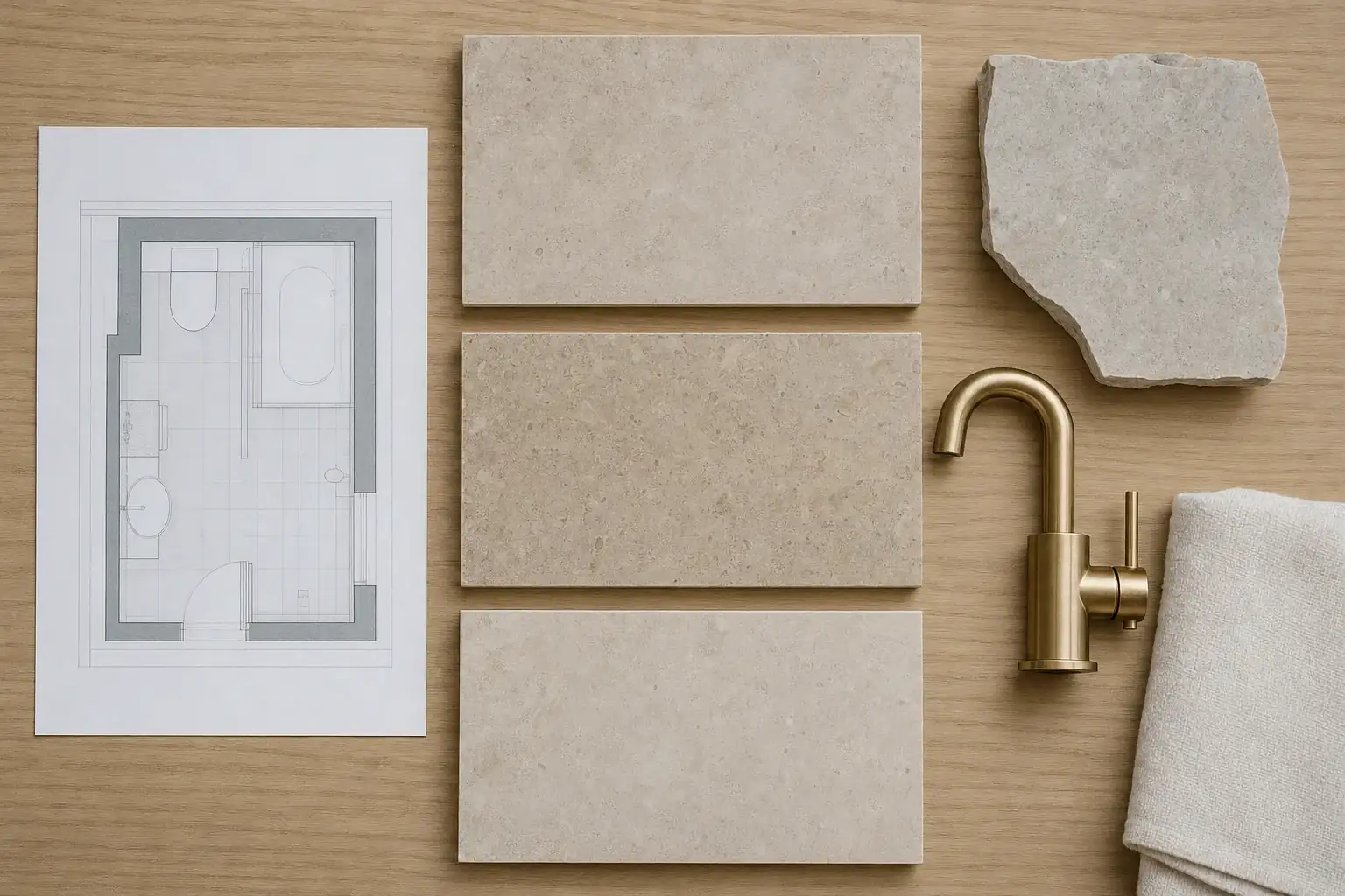 Bathroom design drawing laid out with limestone tile samples, a stone benchtop offcut and brass tapware