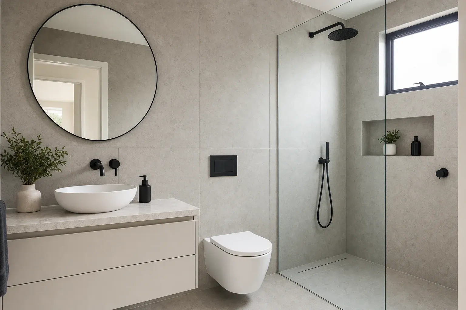Renovated bathroom in Broadbeach with warm neutral tiling, a wall-hung timber vanity with a stone top and a frameless walk-in shower