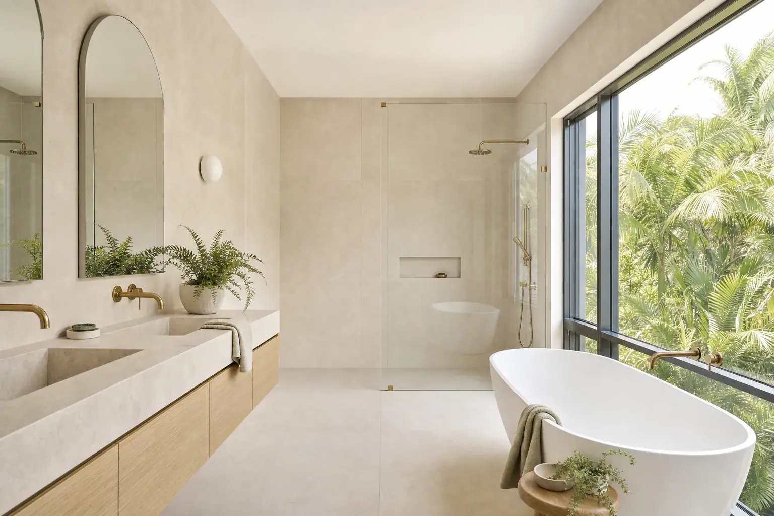 Renovated main bathroom in a Coomera estate home with large format limestone tiling, a wall-hung oak double vanity, aged brass tapware and a freestanding bath