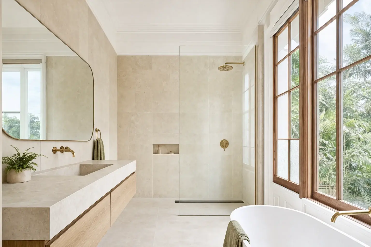 Renovated bathroom in a raised Lismore Queenslander with limestone tiling, a wall-hung oak vanity, a frameless walk-in shower and tall timber framed windows