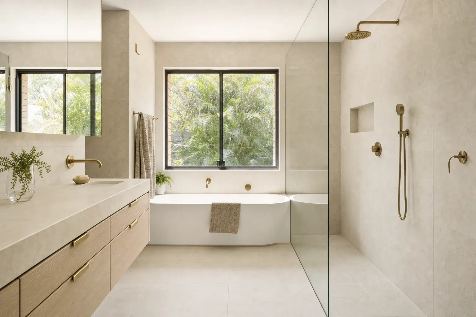 Renovated family bathroom in a Nerang brick home with warm sand floor tiling, limestone walls, a wall-hung oak vanity and a bath under the window