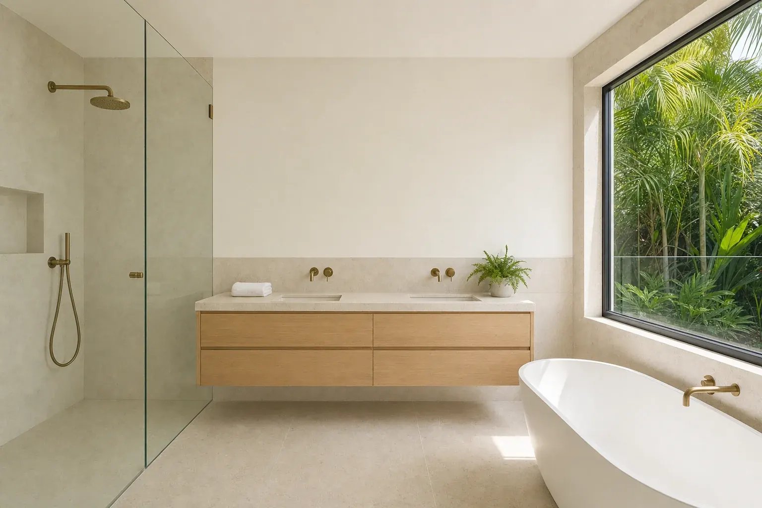 Renovated family bathroom in Robina with limestone tiling, a wall-hung oak double vanity, aged brass tapware and a freestanding bath under the window