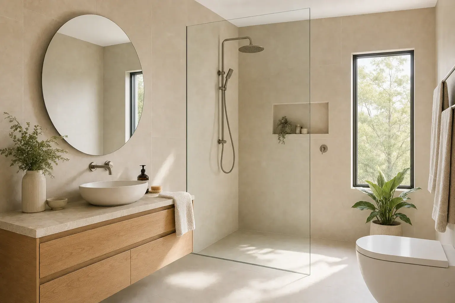 Renovated bathroom in Southport with warm neutral tiling, a wall-hung timber vanity with a stone top and a frameless walk-in shower