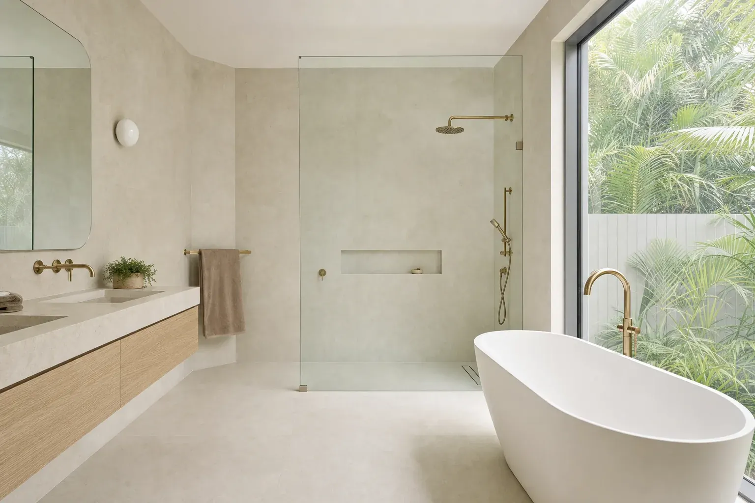 Renovated main bathroom in a contemporary Sunshine Coast home with limestone tiling, a wall-hung oak double vanity, a large walk-in shower and a freestanding bath