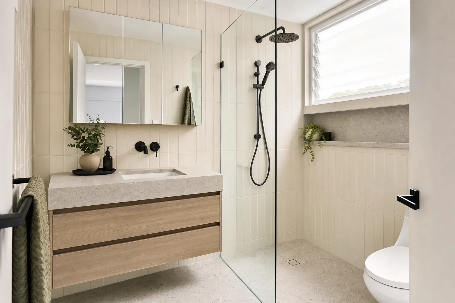 Renovated bathroom in Surfers Paradise with warm neutral tiling, a wall-hung timber vanity with a stone top and a frameless walk-in shower