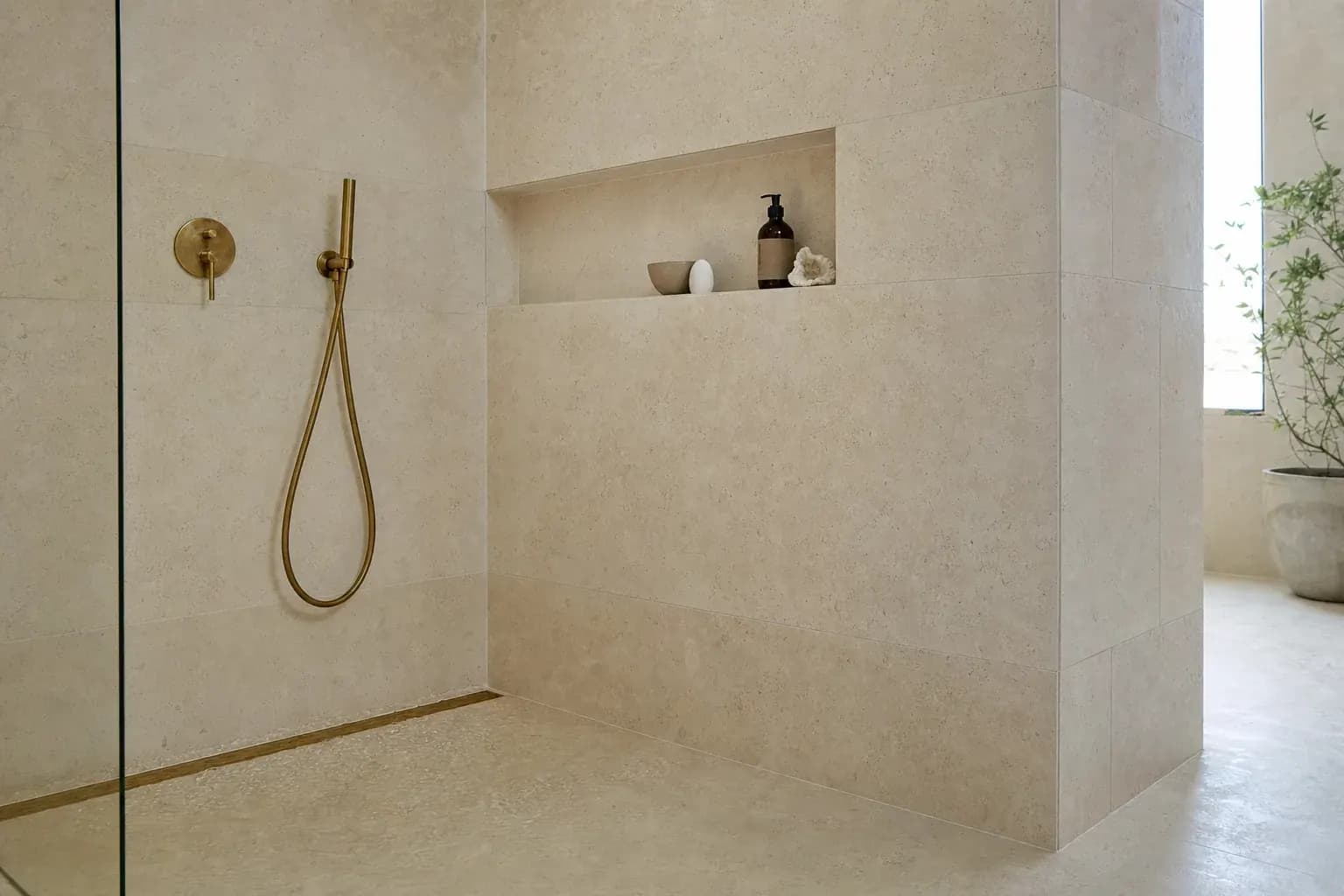 A completed walk-in shower on the Gold Coast, large-format limestone tiling with a mitred corner, a tiled niche and aged brass tapware