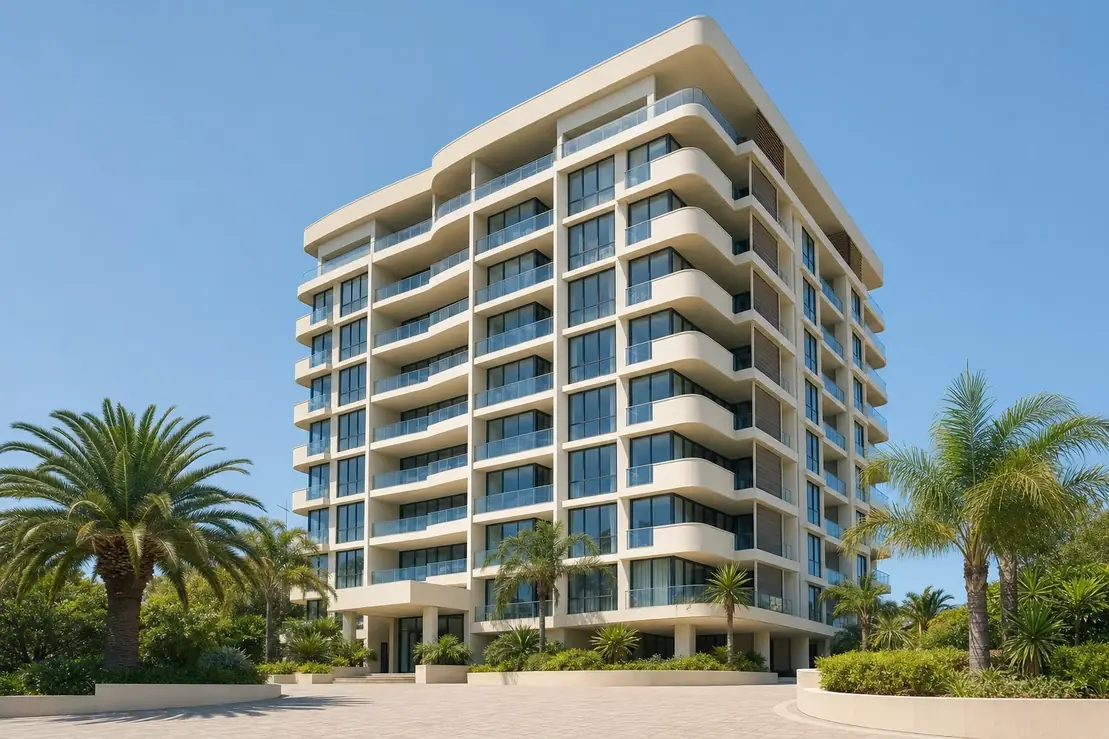 A mid rise Australian residential apartment building with deep balconies and mature palms at the base