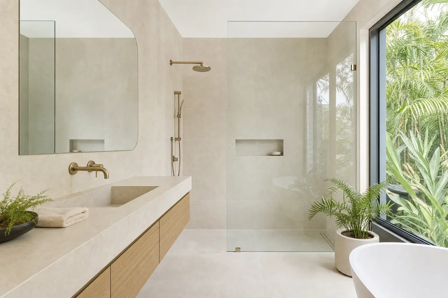A renovated ensuite in a modern two storey house with warm sand tiling, a slim wall-hung oak vanity and a frameless glass shower screen