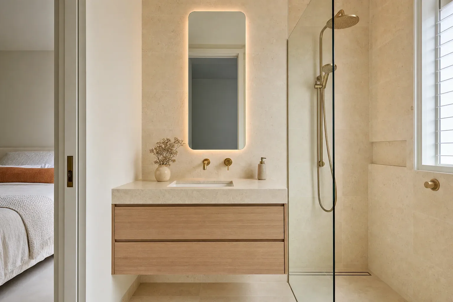 Renovated ensuite on the Gold Coast with limestone tiling, a wall-hung oak vanity, brass tapware and a frameless shower screen