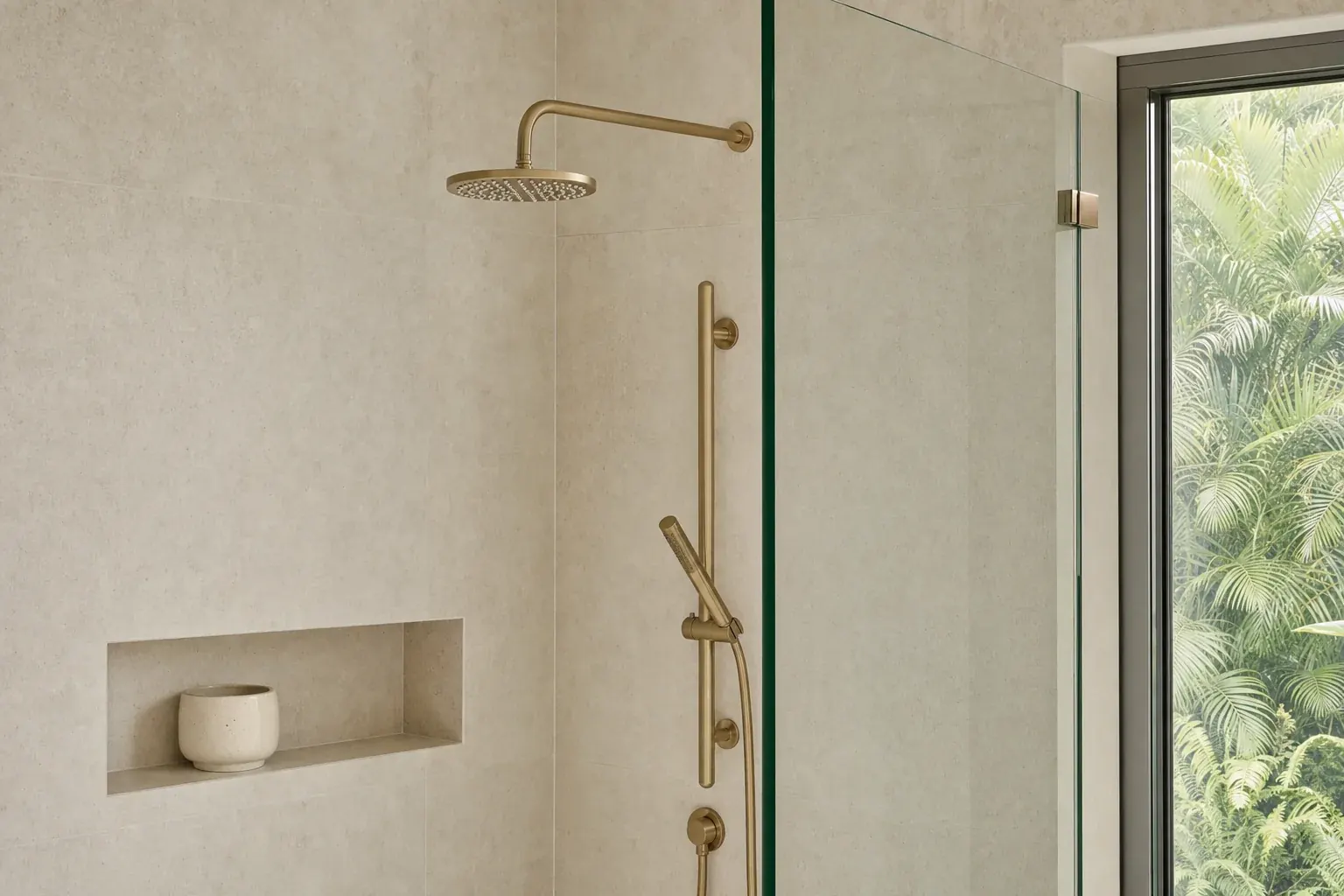 A frameless glass screen meeting limestone tiling, with an aged brass shower rail and a recessed tiled niche