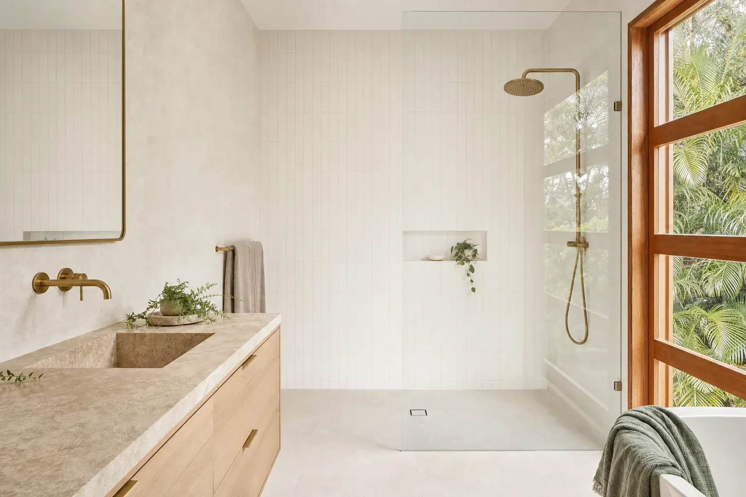 A renovated bathroom in a raised timber house with warm sand floor tiling, limestone walls, a pale oak vanity and a walk-in shower beside a timber window