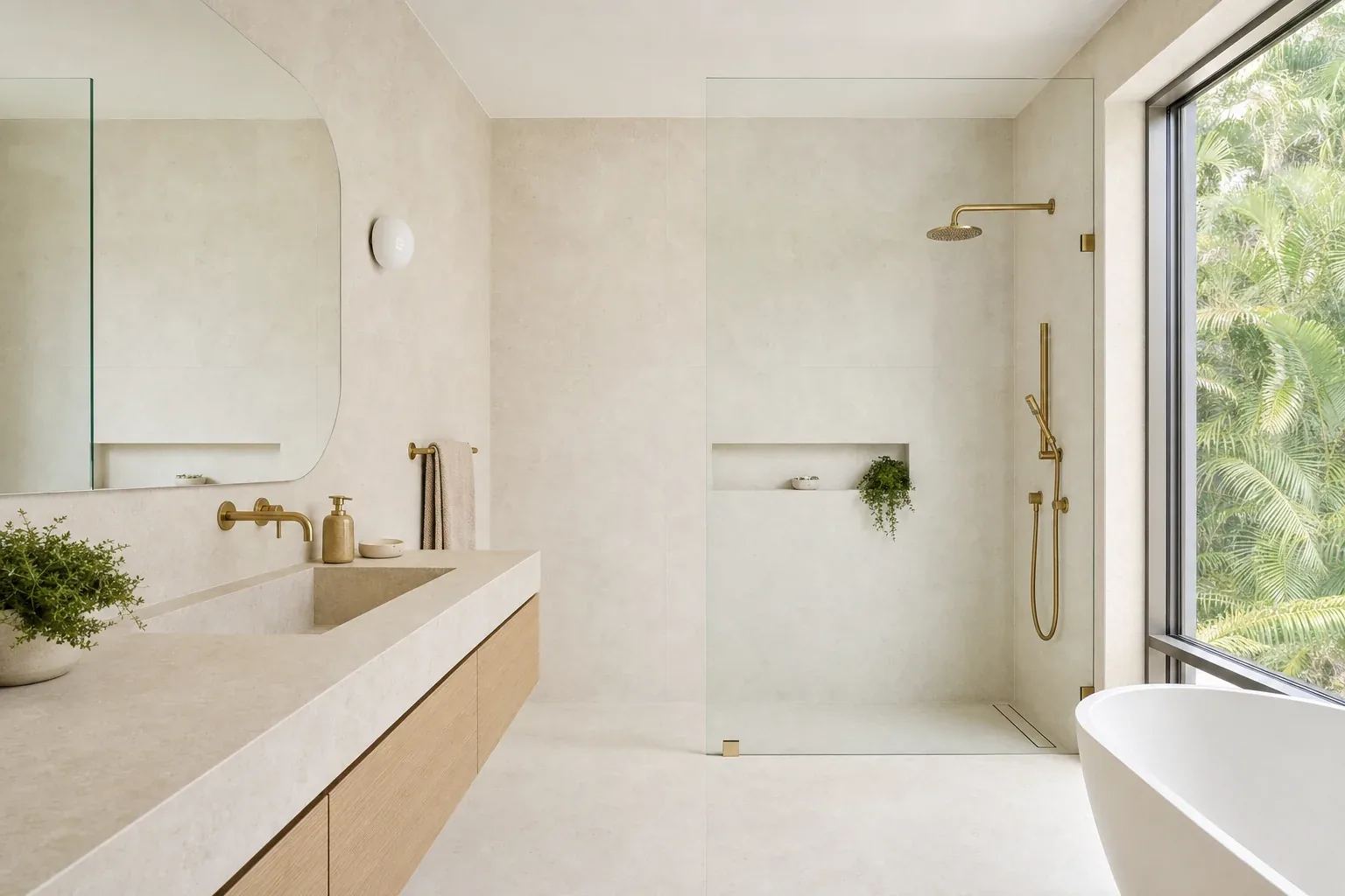A renovated bathroom in a high end coastal house with limestone tiling, a tan stone benchtop, pale oak joinery and a walk-in shower with a mitred stone niche