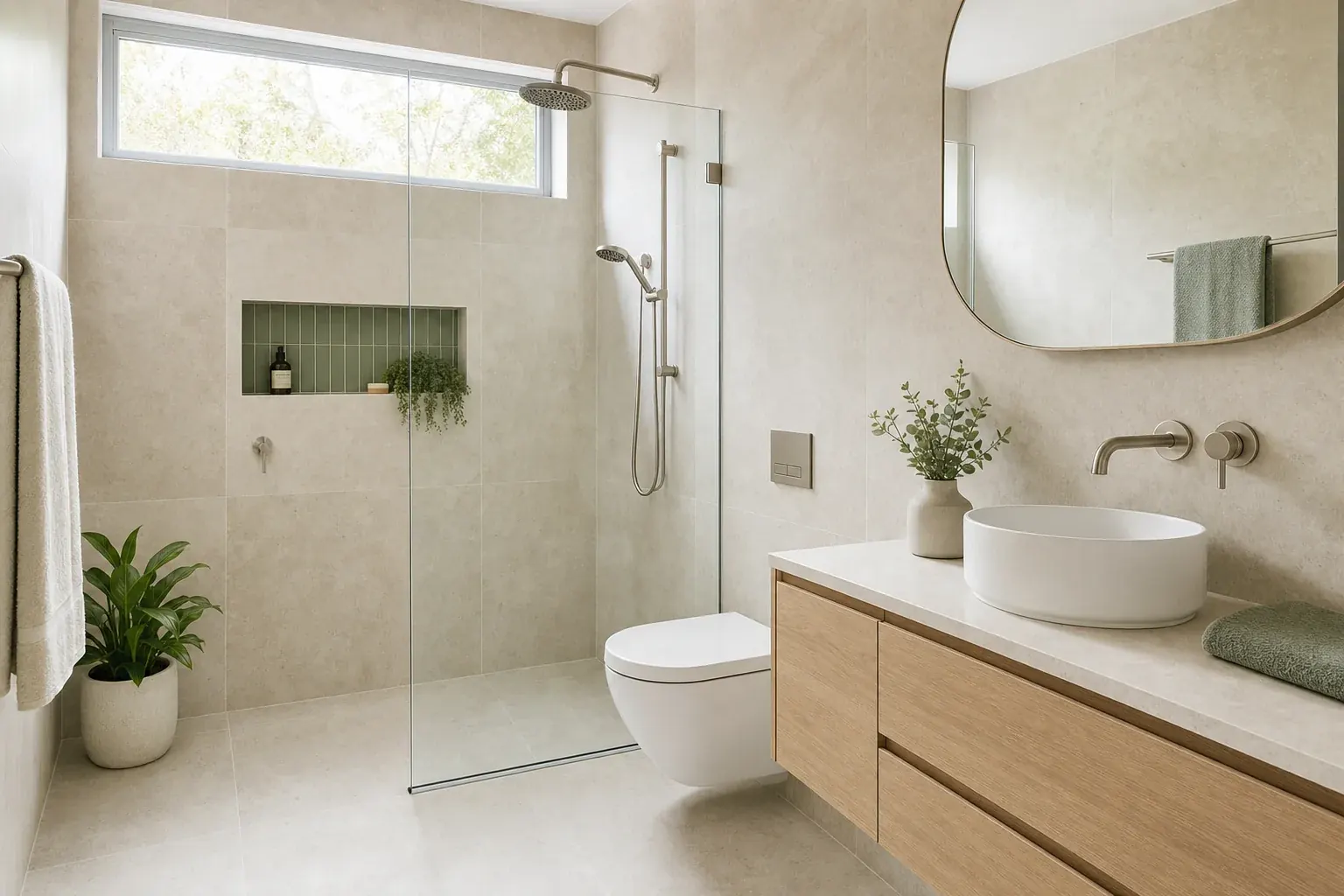 Small bathroom renovation on the Gold Coast using large-format tile and a wall-hung vanity