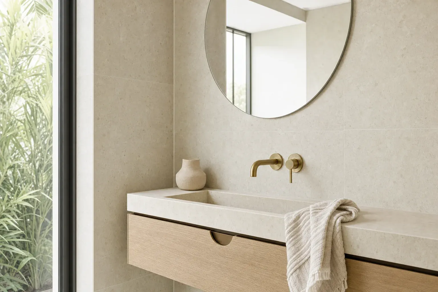 A slim wall-hung vanity with a single basin, an aged brass mixer and a round mirror on full-height limestone tiling