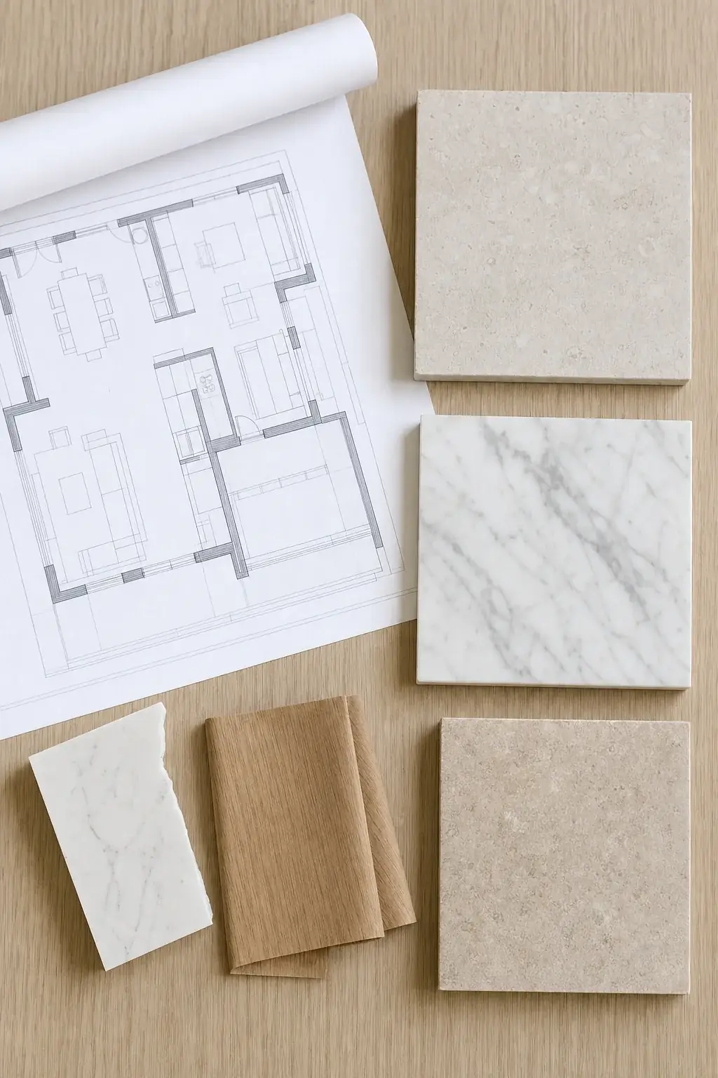 A bathroom layout drawing laid out with limestone and marble tile samples and an oak veneer swatch