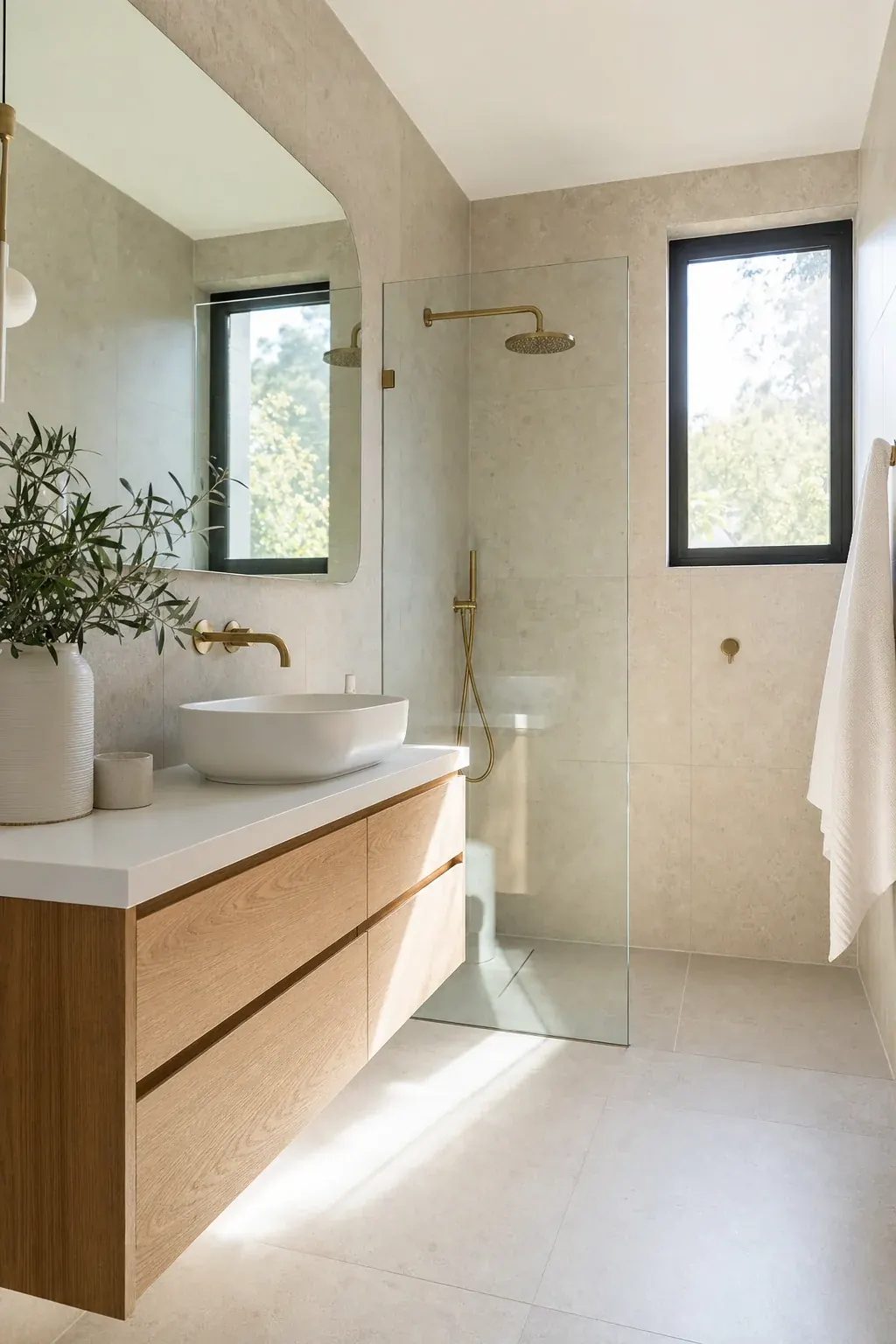 A finished bathroom on handover day with limestone tiling, an oak vanity and brass tapware