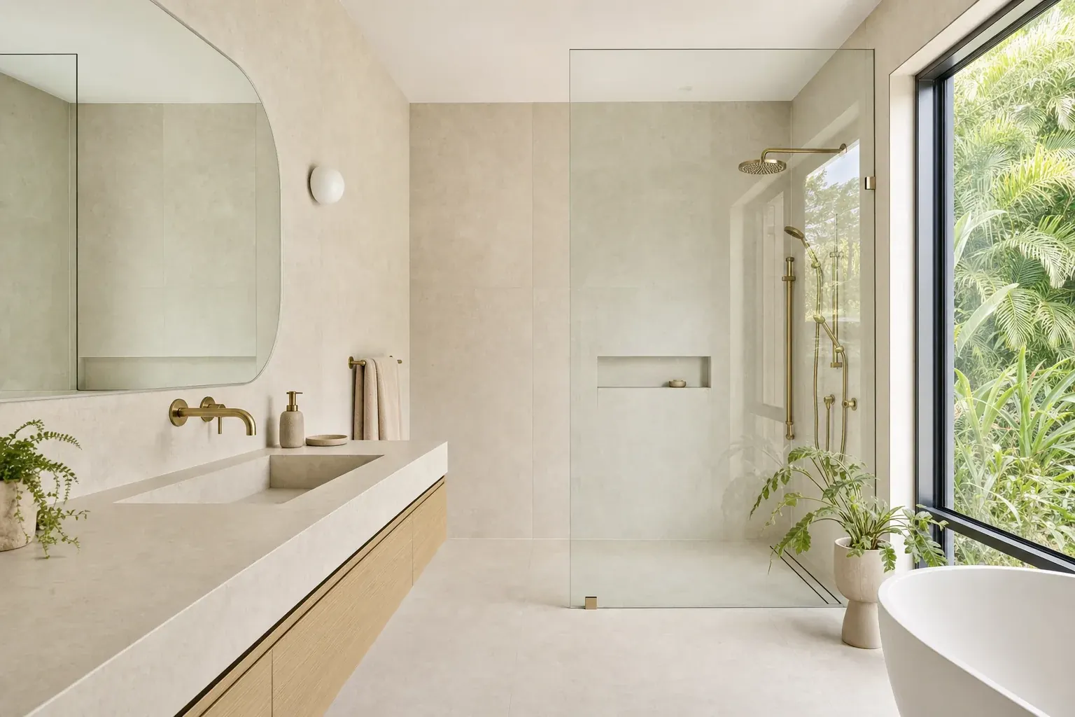 A renovated ensuite in a contemporary home with warm sand tiling, a slim wall-hung oak vanity and a frameless walk-in shower with a linear drain