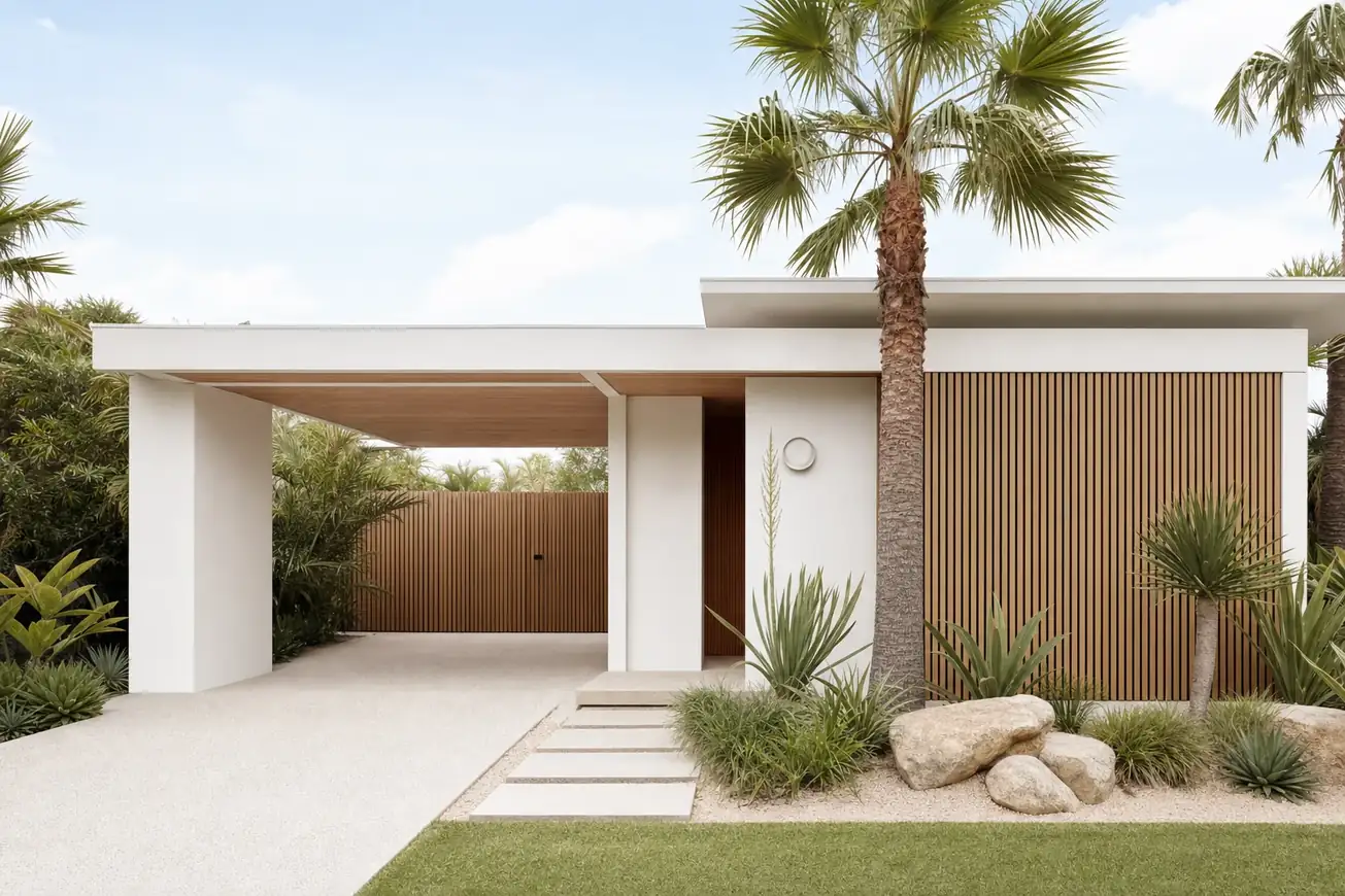 A contemporary single storey coastal home with white render, vertical timber battens, a flat roof with deep eaves and tall palms