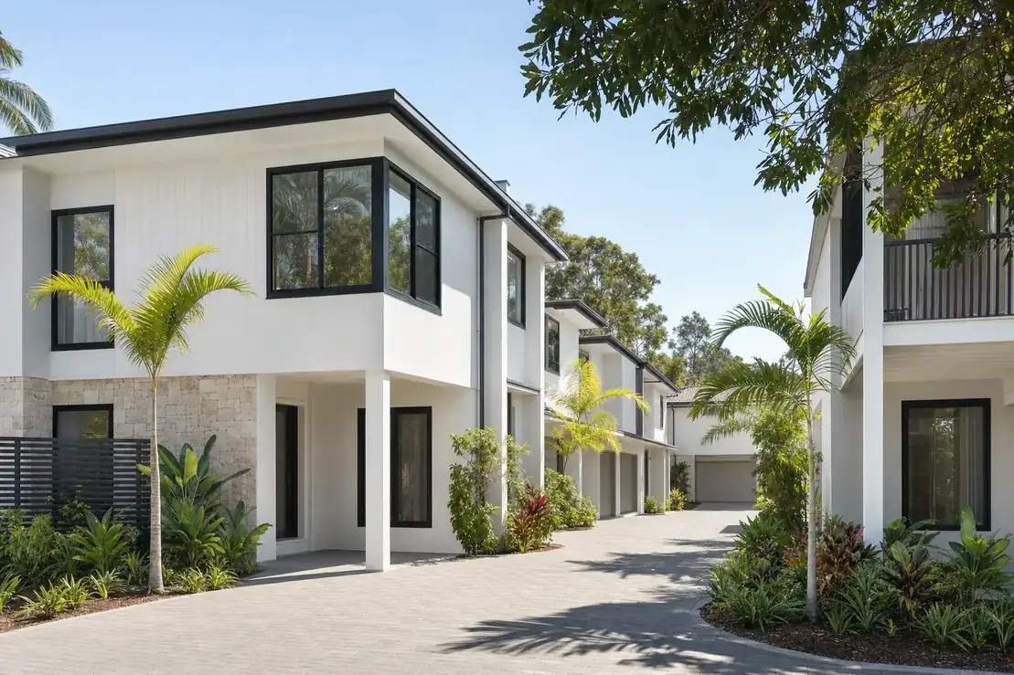 A modern Australian townhouse complex with rendered facades, dark framed windows and a shared driveway