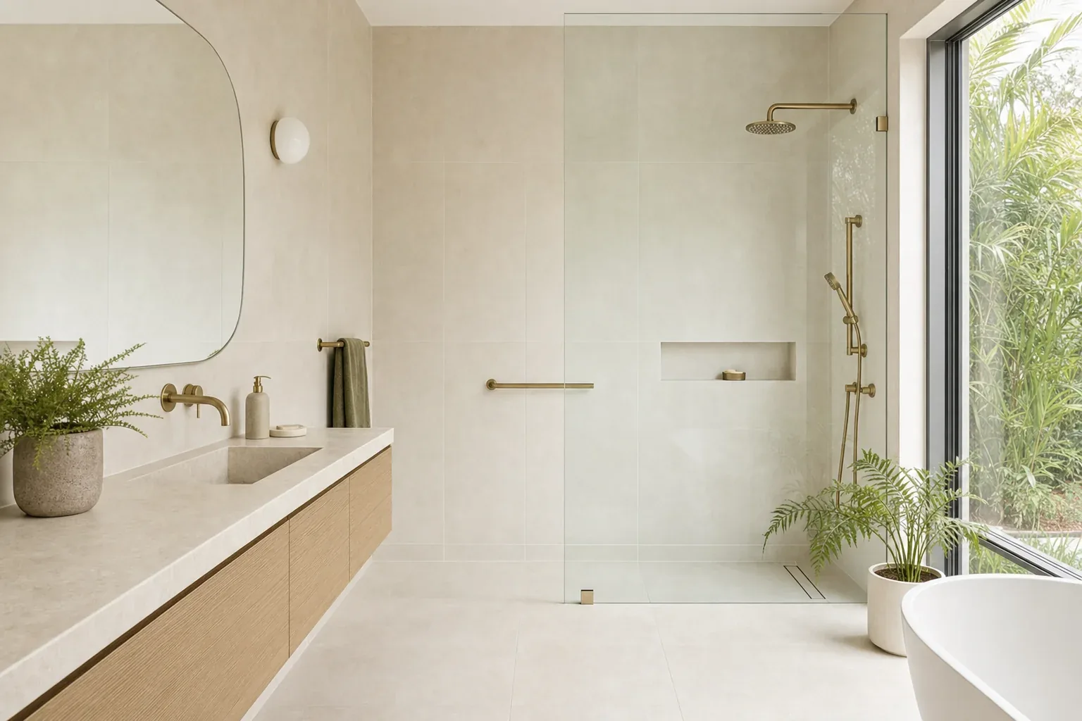 A renovated step-free bathroom with a level entry shower, a linear drain, warm sand tiling, an oak vanity and a matching brass grab rail