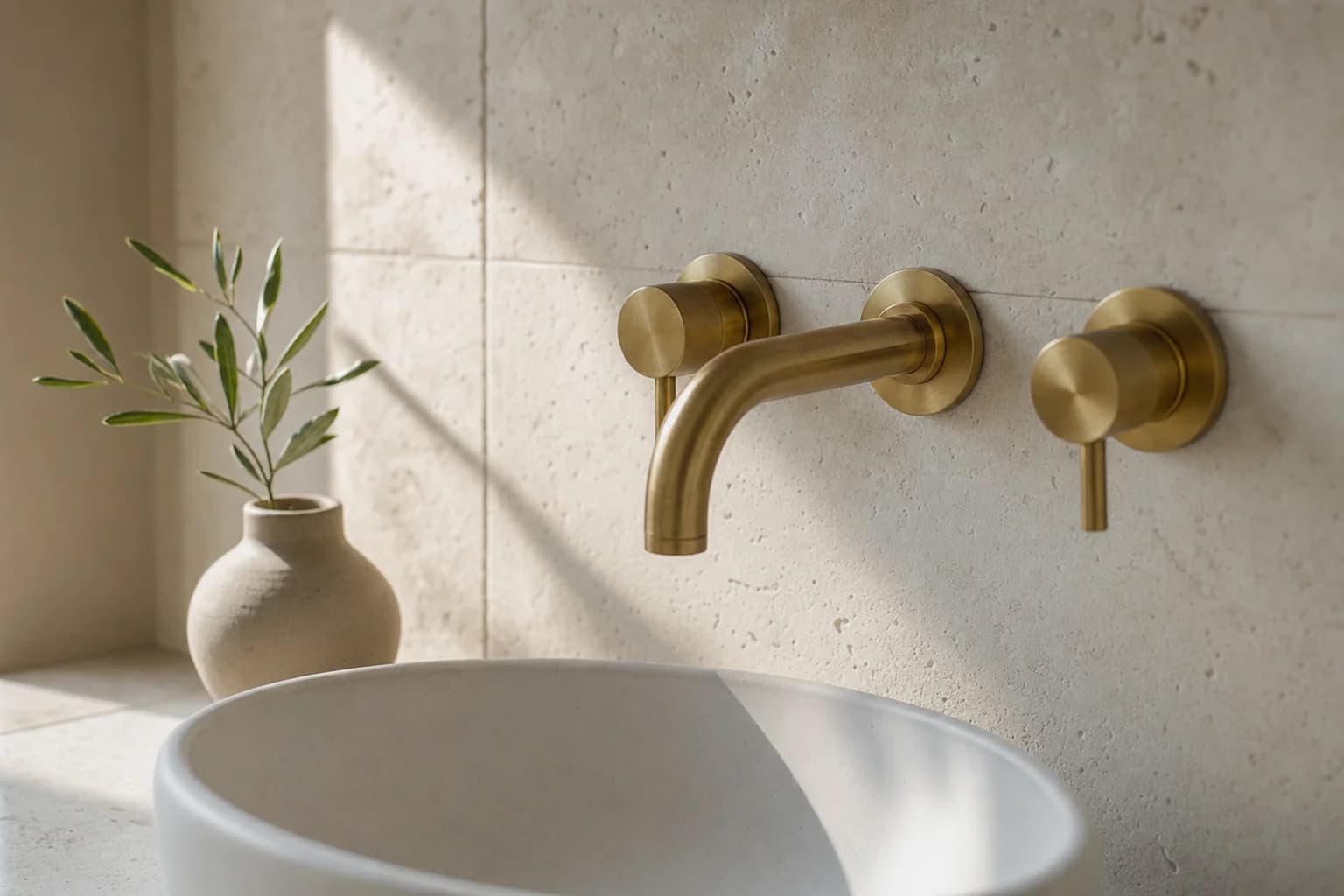 Close detail of a wall-mounted brass basin mixer against pale limestone tiling