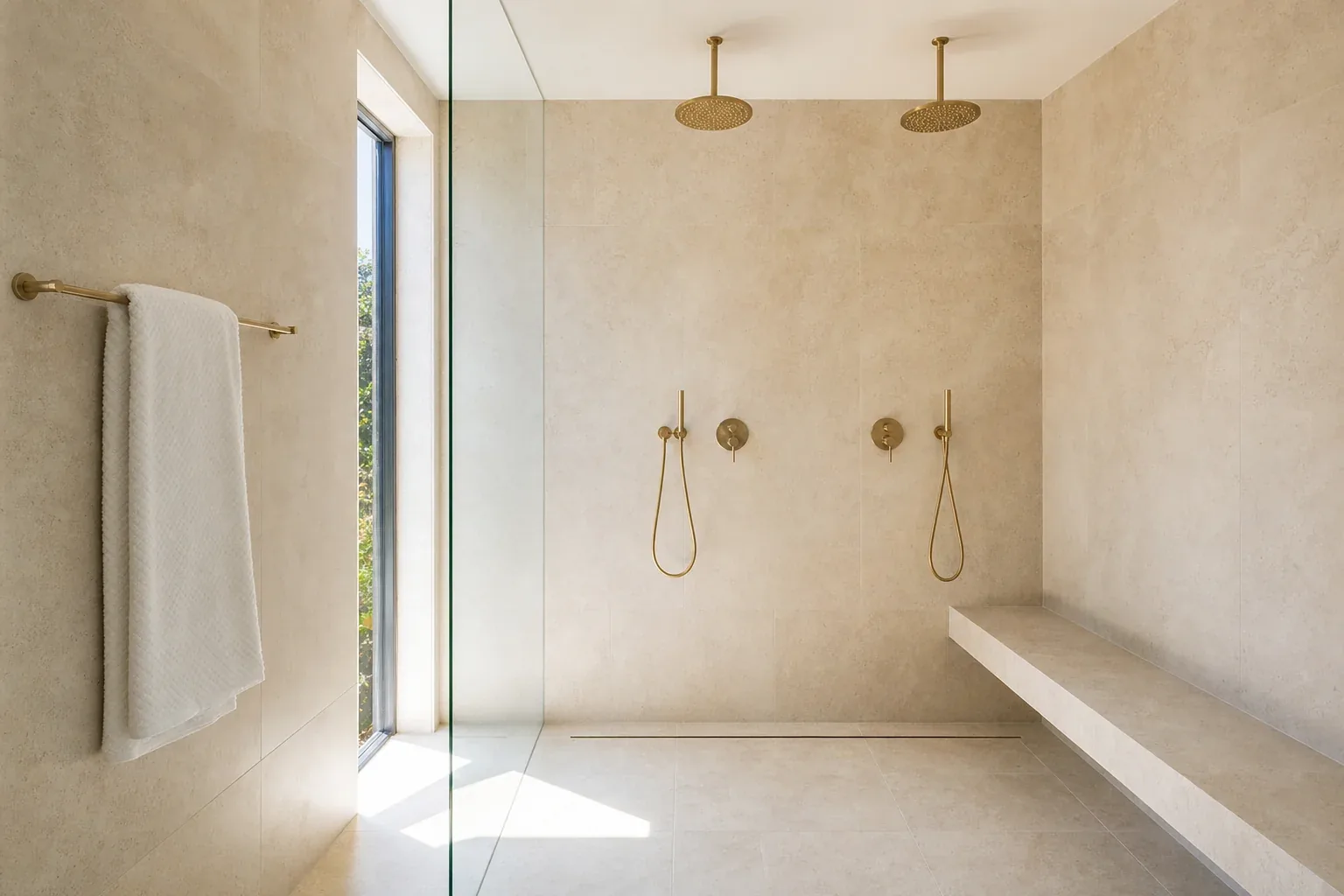 Completed wet room with a double shower, a built-in limestone bench and a linear floor drain